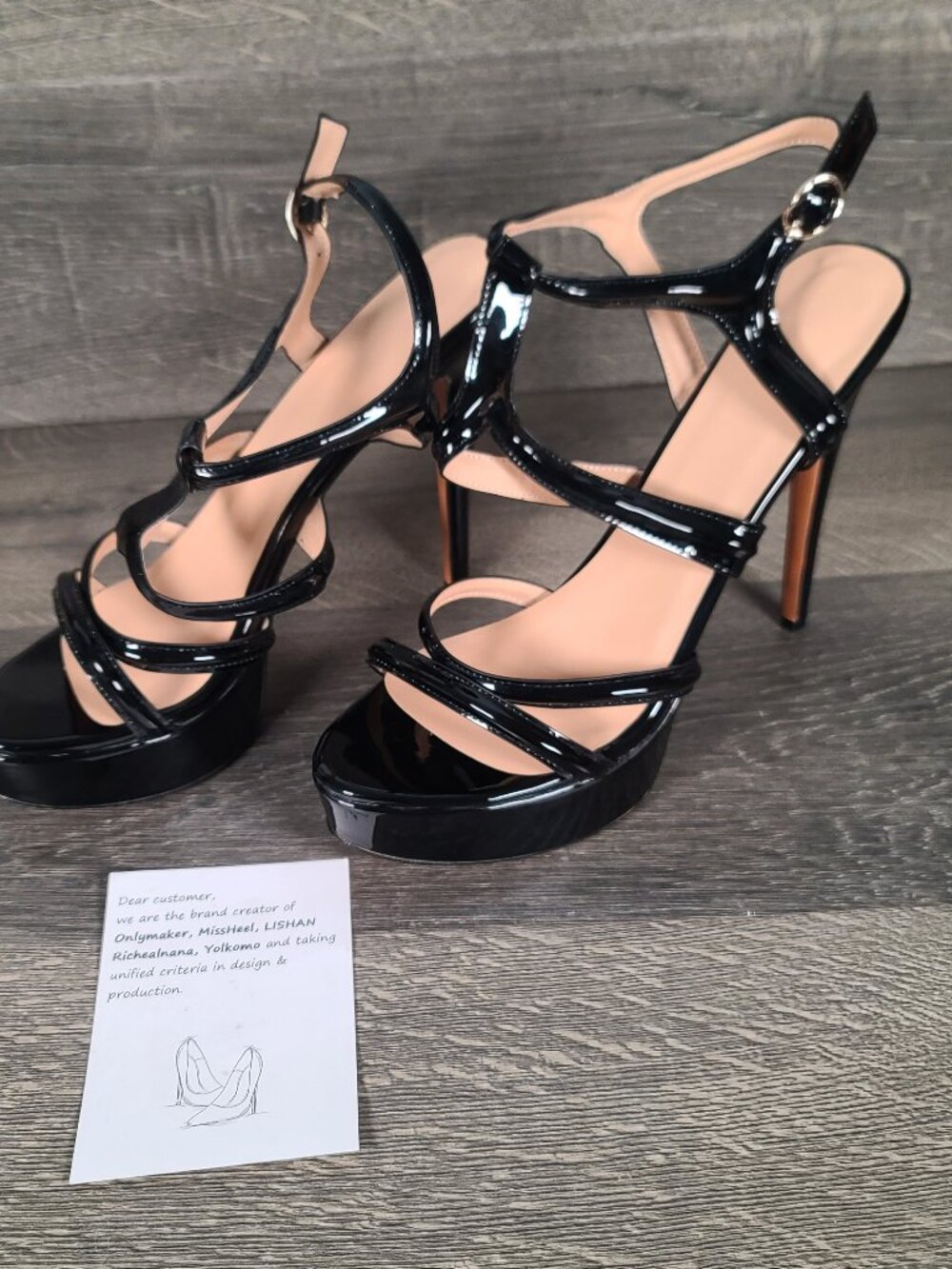 Yolkomo Women's Size 15 Ankle Strap Platform Stiletto Black Faux Leather Heels